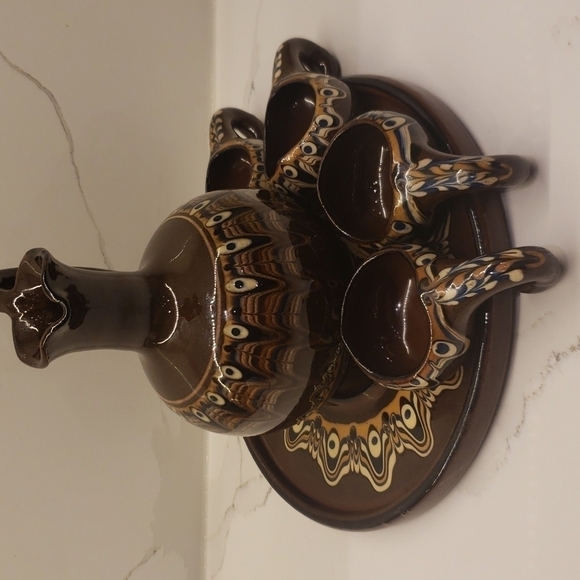 vintage Trojan Redware Pottery Decanter Set Ewer Pitcher five cups and plat - Picture 5 of 11